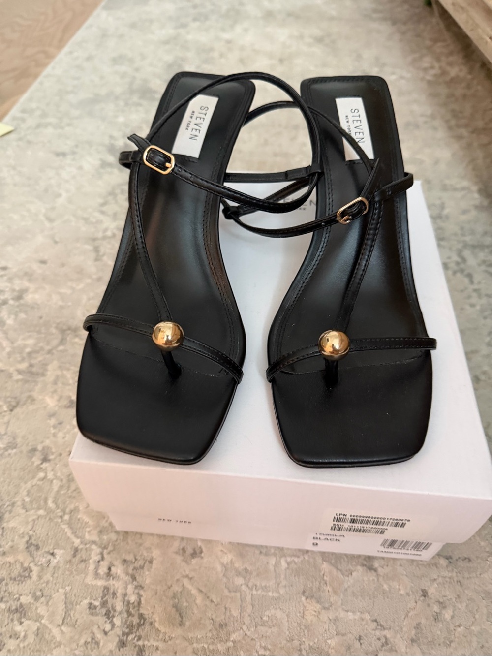 Steven By Steve Madden Black Strappy Toe-Ring Heels with Gold Stud